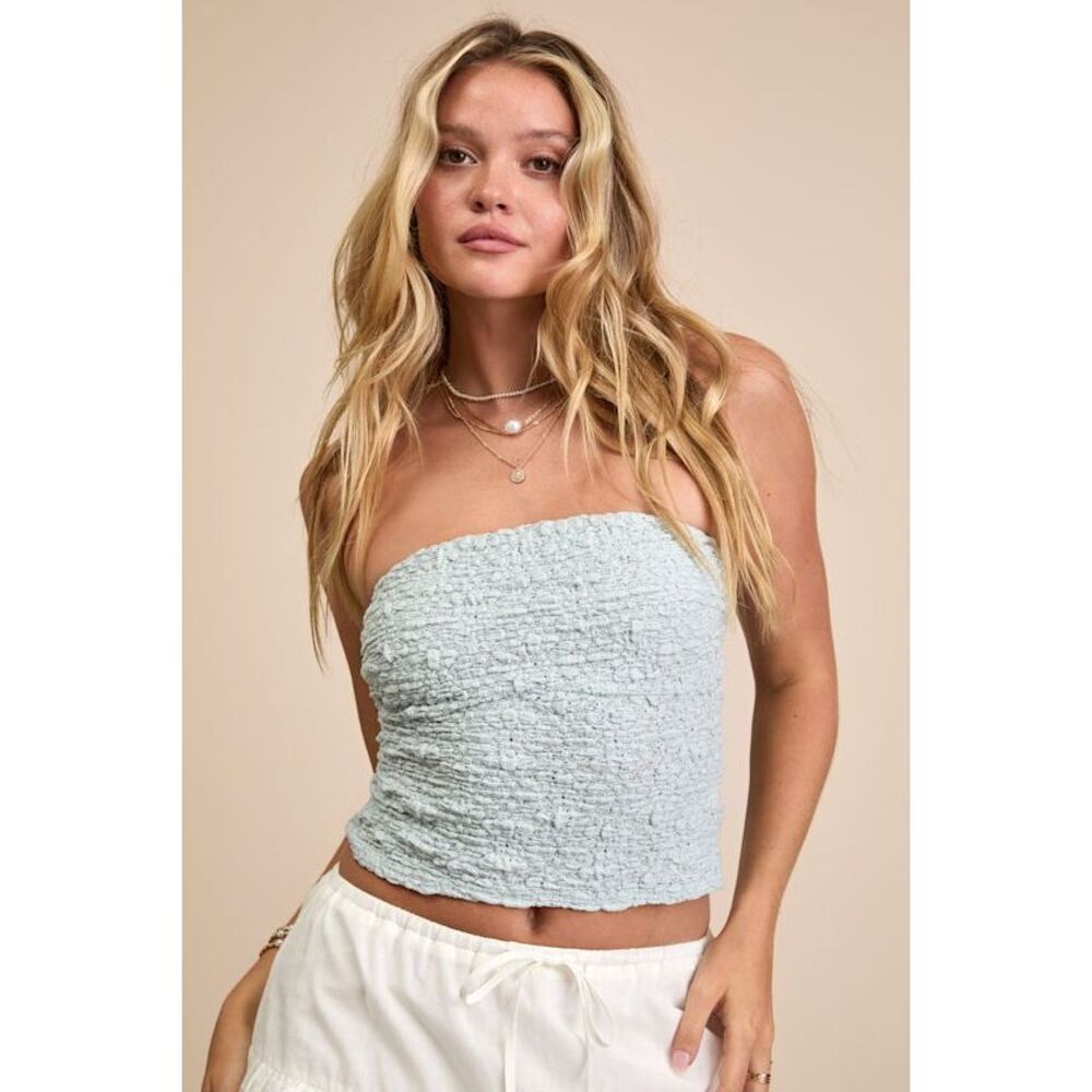 Lulus Bellona Light Blue Jacquard Knit Strapless Crop Top - Size S